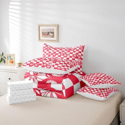 Fashion Trendy Y2K Comforter Set King Size Lucky 8 Ball 7 Piece Bedding Set For Kids Boys Girls,Funky Coquette Bow Bed In A Bag With Sheets Preppy Room Decor,Red White Simple Geometric Plaid Bed Set