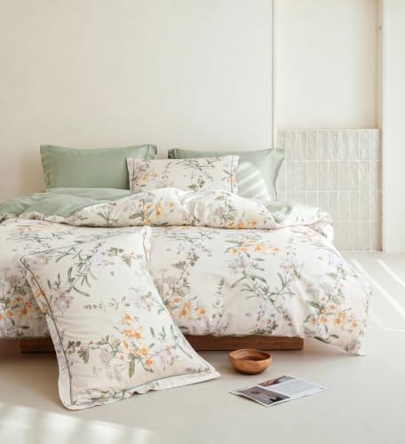 Queen Comforter Set 3 Pieces, 100% Cotton Sage Green Botanical Floral Bedding Set for All‑Season, Soft Breathable Comforter with 2 Pillow Shams