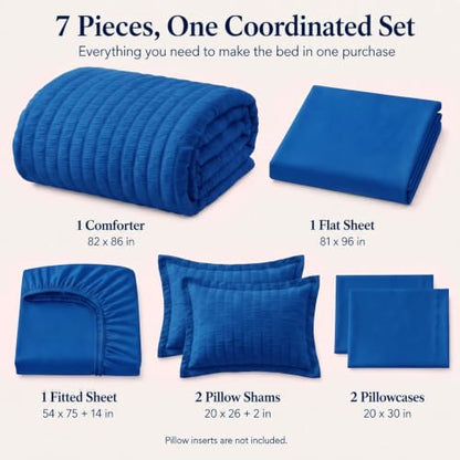 CozyLux Full Comforter Sets, 7 Pieces Classic Blue Seersucker Bed in a Bag