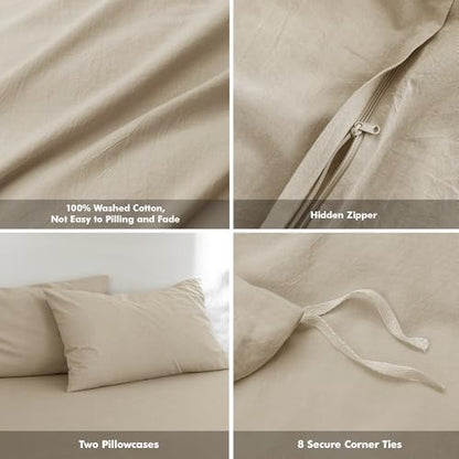 FOSSA Duvet Cover Set 100% Washed Cotton Linen Feel Queen