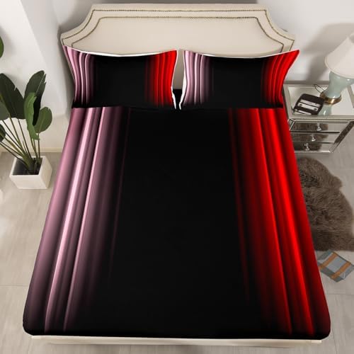 Feelyou Teens Abstract Ombre Decorations Bedding Set for Kids Women Pink Red and Black Bed Sheets Set Geometric Modern Fitted Sheet Sets Room 4Pcs King Size