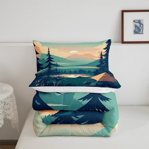 Sunset Comforter Set Twin Size,Mountain Lake Nature Scenery Bedding Set for Kids Teens Adults Room Decor,Camping Adventure Theme Duvet Insert 2Pcs,Woodland Tree Natural Green Quilt Set,1 Pillowcase