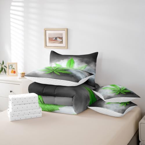 Erosebridal Leaves Comforter Set Leaf Bed in A Bag King Size 7 Pieces Botanical Plant Bed Set Room Decor Grey Grunge Style Bedding with Sheets