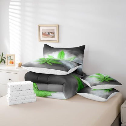 Erosebridal Leaves Comforter Set Leaf Bed in A Bag King Size 7 Pieces Botanical Plant Bed Set Room Decor Grey Grunge Style Bedding with Sheets