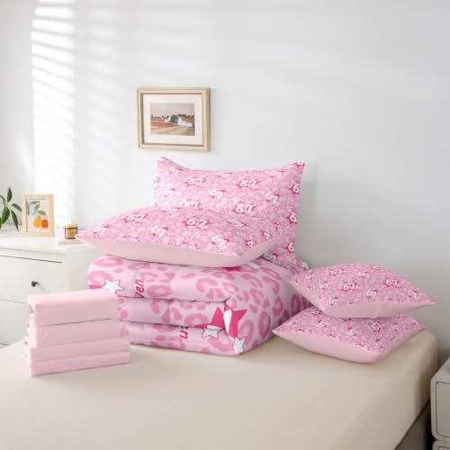 Erosebridal Pink Leopard 7 Piece Bedding Set Twin Size for Girls 67 Number Print Kids Comforter Set Cute Girly Six Seven Bed in A Bag African Cheetah Print Trendy Fashion Bed Set