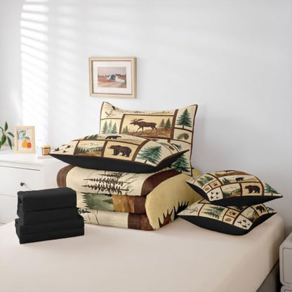 Erosebridal Western Rustic Bear Deer 7-Piece Comforter Set King Boys Men Hunting Duck Bed in a Bag with Flat and Fitted Sheet Country Farmhouse Cabin Bed Set Elk Forest Wildlife Patchwork Quilt Sets