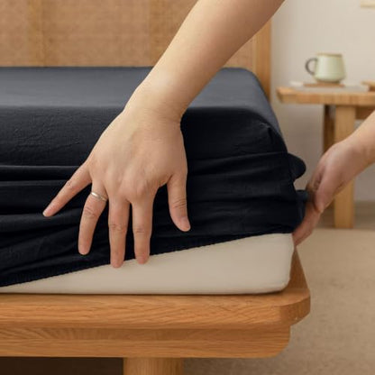 BESTOUCH Sheet Set 100% Washed Cotton Linen Feel Super Soft Comfortable Chic Lightweight 4 Pcs Home Bedding Set Solid Dark Black Queen