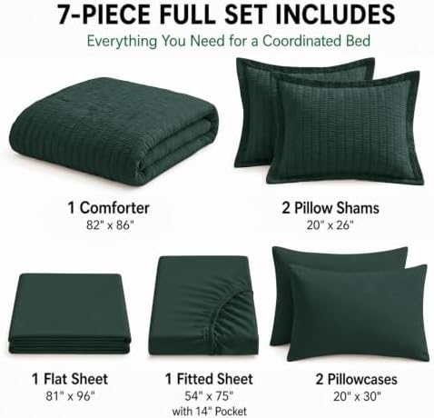 HIMEET Full Comforter Sets, 7-Piece Seersucker Bed in a Bag, Forest Green