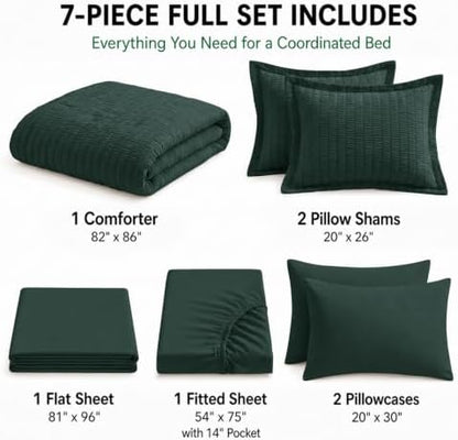 HIMEET Full Comforter Sets, 7-Piece Seersucker Bed in a Bag, Forest Green