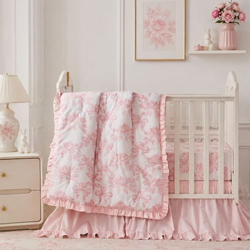 Brandream Organic Cotton Crib Bedding Set for Girls 3 Pieces Baby Boho Ruffled Quilted Comforter with Fitted Sheet, Bed Skirt - Cute French Cottage Botanical Rose Bow Baby Bedding, Light Pink