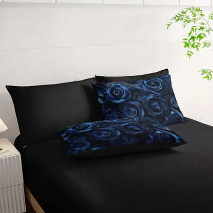 7pcs Blue Floral Comforter Set Valentine's Day 3D Rose Printed Bedding Set with 1 Comforter, 1 Flat Sheet, 1 Fitted Sheet and 4 Pillowcases for Boys and Girls Bedroom (Rose Twin