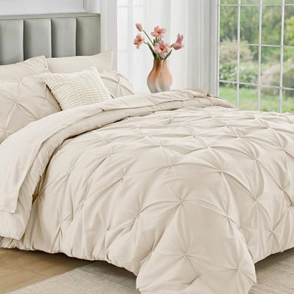 JOLLYVOGUE King Size Comforter Set 7 Pieces - Bed in a Bag King for All Season, Pintuck Bedding Comforter Sets with Comforter, Flat Sheet, Fitted Sheet and Pillowcases & Shams, Beige