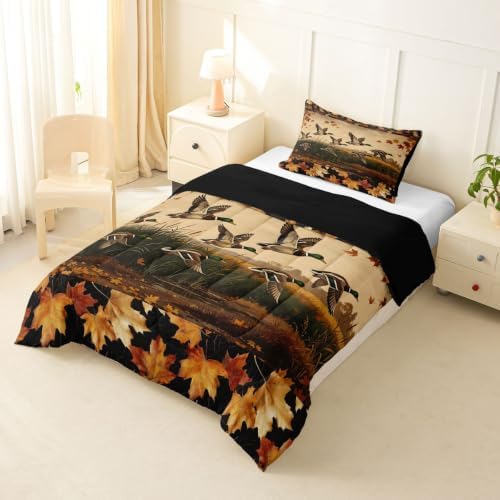 Feelyou Mallard Duck Bedding Set Soft for Boys Girls, Wild Duck Hunting Comforter Set Twin Size Cabin Farmhouse Duvet Quilt Microfiber Maple Leaf Bedroom Decor 2 Pcs with 1 Pillow Cases