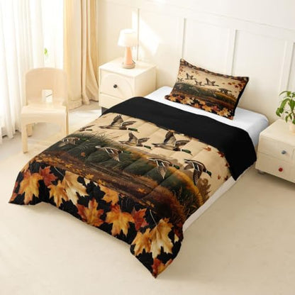 Feelyou Mallard Duck Bedding Set Soft for Boys Girls, Wild Duck Hunting Comforter Set Twin Size Cabin Farmhouse Duvet Quilt Microfiber Maple Leaf Bedroom Decor 2 Pcs with 1 Pillow Cases