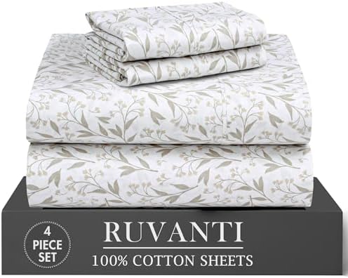 RUVANTI 100% Cotton Twin XL Sheets, Percale Twin XL Set, Botanica Living
