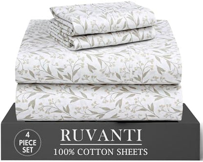 RUVANTI 100% Cotton Twin XL Sheets, Percale Twin XL Set, Botanica Living