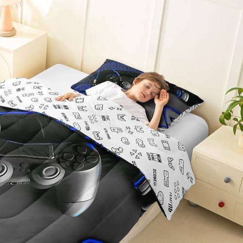 Feelyou Gamer Bedding Set Soft for Boys Girls, Gaming Comforter Set King Size Game Room Decor Duvet Quilt Microfiber Gamepad Bedroom Decor Blue 3 Pcs with 2 Pillow Cases