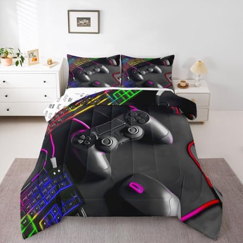 Feelyou Gamer Bedding Set Soft for Boys Girls, Gaming Comforter Set Full Size Game Room Decor Duvet Quilt Microfiber Gamepad Bedroom Decor Purple Yellow 3 Pcs with 2 Pillow Cases