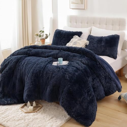 Smoofy Fluffy King Size Comforter Set Navy Blue Faux Fur Comforter Set 3Pcs