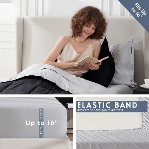 Nestl 7 Piece Twin XL Comforter Set – Black Reversible Bed in a Bag – Complete Twin XL Size Bedding Set with Sheets, Set of 2 Down Alternative Pillows, Pillowcase and Sham