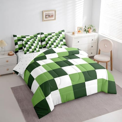 jejeloiu Green White Comforter Set with Sheets 7 Piece Queen Size