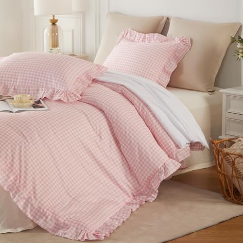 Cupocupa Gingham Ruffle Comforter Set King - 3 Piece Pink Checkered Bedding Set - Aesthetic Cottagecore Ruffled Farmhouse Comforter with 2 Pillow Shams - Soft, Lightweight All Season Bedding
