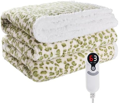 Electric Heated Blanket Full Size 72"×84" with 9 Heating Levels & 1-10Hs Auto Off, Plush Sherpa, Energy Efficient, Machine Washable, for Couch & Bed, Gifts for Grandma Leopard Print Green & White