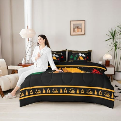 Erosebridal Happy Camping King Size Bed in A Bag Camper Rv Comforter Set with Sheets for Kids Boys Teens Bedroom Mountain Pine Tree 7 Piece Bedding Set Rustic Cabin Lodge Bed Sets, Black Orange