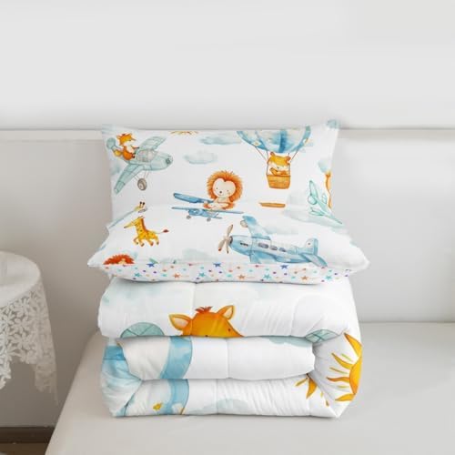 Erosebridal Cute Airplane Comforter Set Queen, Cartoon Aircraft Bedding Set, Lovely Lion Giraffe Hamster Wild Animals Comforter, White Cloud Quilt for Boys Kids Girls Teens Adults Bedroom