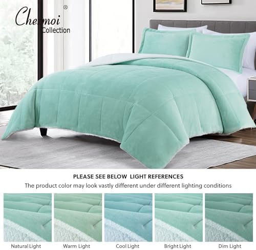 Chezmoi Collection Ultra-Soft Micromink Sherpa King Size Comforter Set with 2 Pillow Shams - Aqua Reversible Plush Bedding Comforter 3-Piece Set Warm Winter Blanket