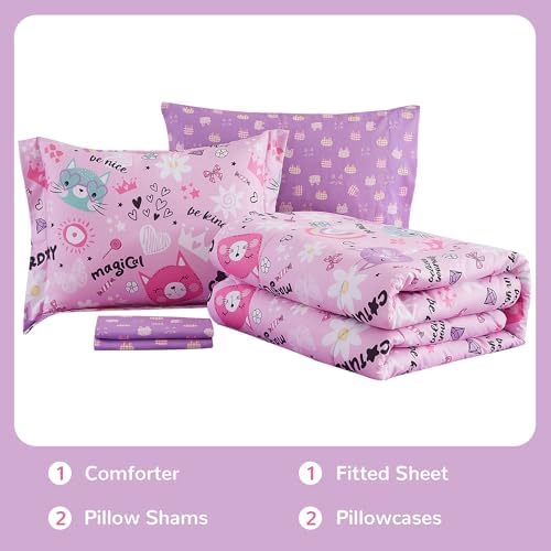 Viviland Kids Full Bedding Sets, Girls Comforter, Pink Cat