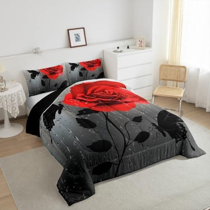 jejeloiu Red Rose Comforter Set Twin Size Kids Floral Flower Bedding Set for Boys Girls Teens Garden Flower Butterfly Duvet Breathable Romantic Quilt Bedroom Decor,1 Comforter with 1 Pillowcase