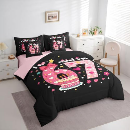 Erosebridal Kids 67 Number Print Twin Comforter Set 7 Piece Cute Pink Kawaii Bedding Set for Girls Princess Bedroom Decor,Girly Trendy Six Seven Bed in A Bag Love Heart Bow Bed Set,Pink Black