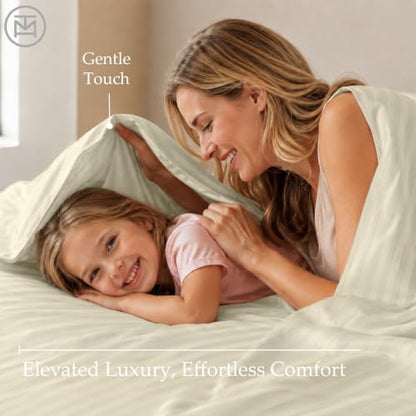 Threadmill 600TC Cotton Twin Sheet Set, Sateen, Damask Stripe, Ivory