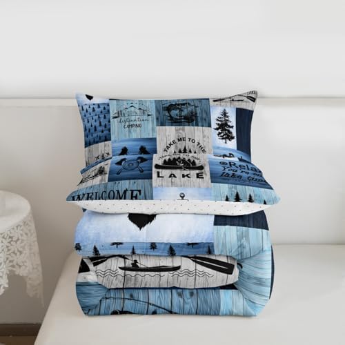 Lake House Comforter Set Full Size,Camping Fishing Quilt Set Bear Anchor Pine Print Grid Bedding Set Kids Boys Girls Adult Rustic Cabin Decor Blue Patchwork Plaid Duvet Insert,2 Pillowcases