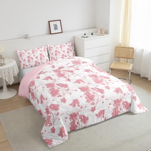 jejeloiu Pink Flower Comforter Set Queen Size Kids Floral Bedding Set for Boys Girls Teens Botanical Duvet Breathable Minimalist Aesthetics Quilt Bedroom Decor,1 Comforter with 2 Pillowcase