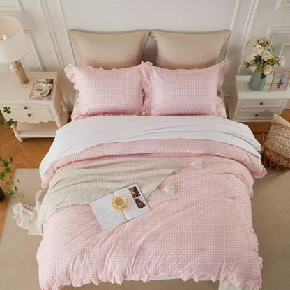 Cupocupa Gingham Ruffle Comforter Set King - 3 Piece Pink Checkered Bedding Set - Aesthetic Cottagecore Ruffled Farmhouse Comforter with 2 Pillow Shams - Soft, Lightweight All Season Bedding