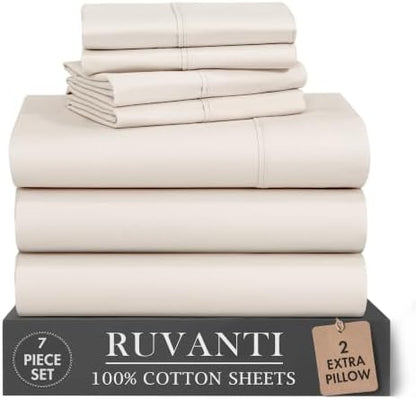 RUVANTI 100% Cotton Split King Sheets, Percale Sheets Set, Soft Ivory