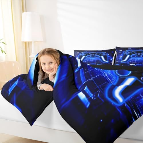 Erosebridal Gamer Comforter Set Gaming Girl Toddler Bedding Set, Neon Lights Video Game Console Comforter Blue Brick Cube Quilt,Gamer Decor for Boys Bedroom