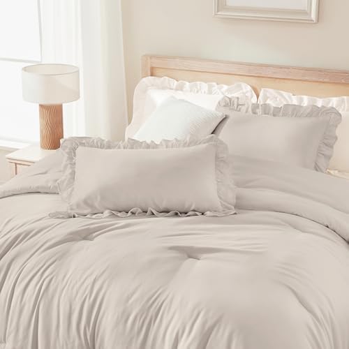 Andency Linen Comforter Set Full Size, 3 Pcs Solid Ruffle Vintage Bedding