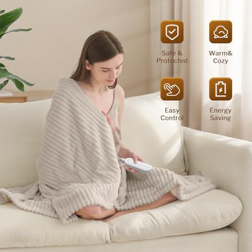 Reaks Heated Throw Blanket, 5 Heat Levels, 3 Hours Auto-Off, 50"x60", Beige