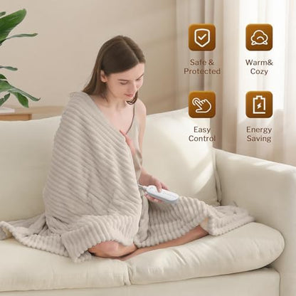 Reaks Heated Throw Blanket, 5 Heat Levels, 3 Hours Auto-Off, 50"x60", Beige