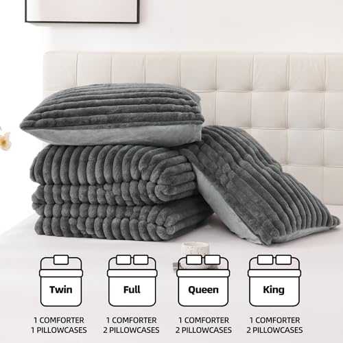 Smoofy Fluffy Twin Size Comforter 2 PCS - Dark Grey Fleece Bedding Set