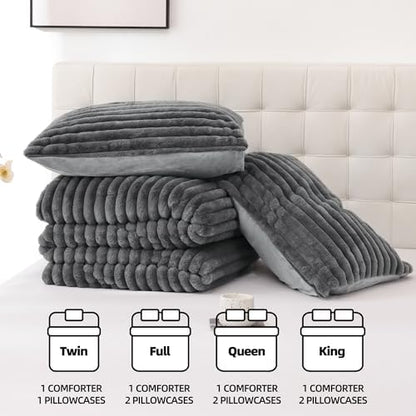Smoofy Fluffy Twin Size Comforter 2 PCS - Dark Grey Fleece Bedding Set