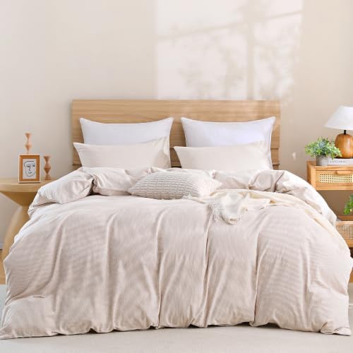 TOCOMOA Brown Striped Duvet Cover Set 100% Washed Cotton Like Linen, Queen