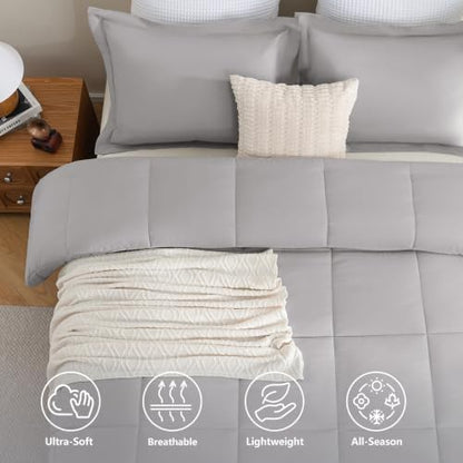 CozyLux Queen Size Comforter Set, 3-Piece Box-Stitched, French Grey