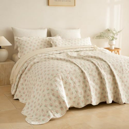 Lady Ann Oversized King Bedspread 120x120, Soft 100% Cotton Floral Quilt Set for Extra Large Bed, Pink Flower Botanical Coverlet with Scalloped Edge, 3 Pcs Quilted Bedding Set