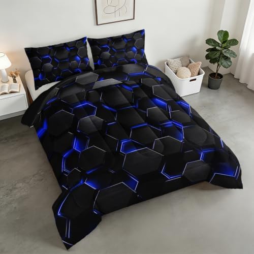 Black Blue Geometric Comforter Set Twin Size with 2 Pillowcases.