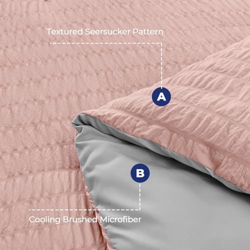 HYMOKEGE Rose Gold/Light Grey Queen Comforter Set Seersucker 7 Pieces, All Season Luxury Bed in a Bag Queen for Bedroom, Bedding Set with Comforter, Sheets, Pillowcases & Shams