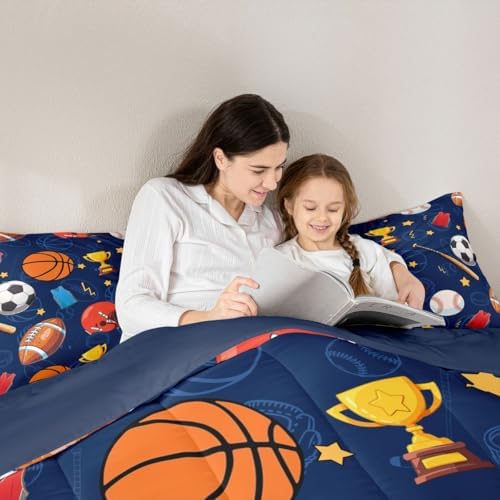 jejeloiu Sports Theme Comforter Set Basketball Soccer Bedding Set Twin Size